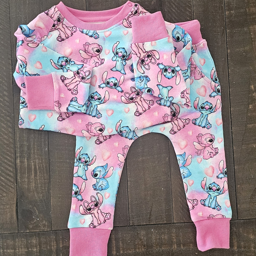 Pink and Blue Stitch LOVE Print Kids' Jogger & Sweatshirt SET